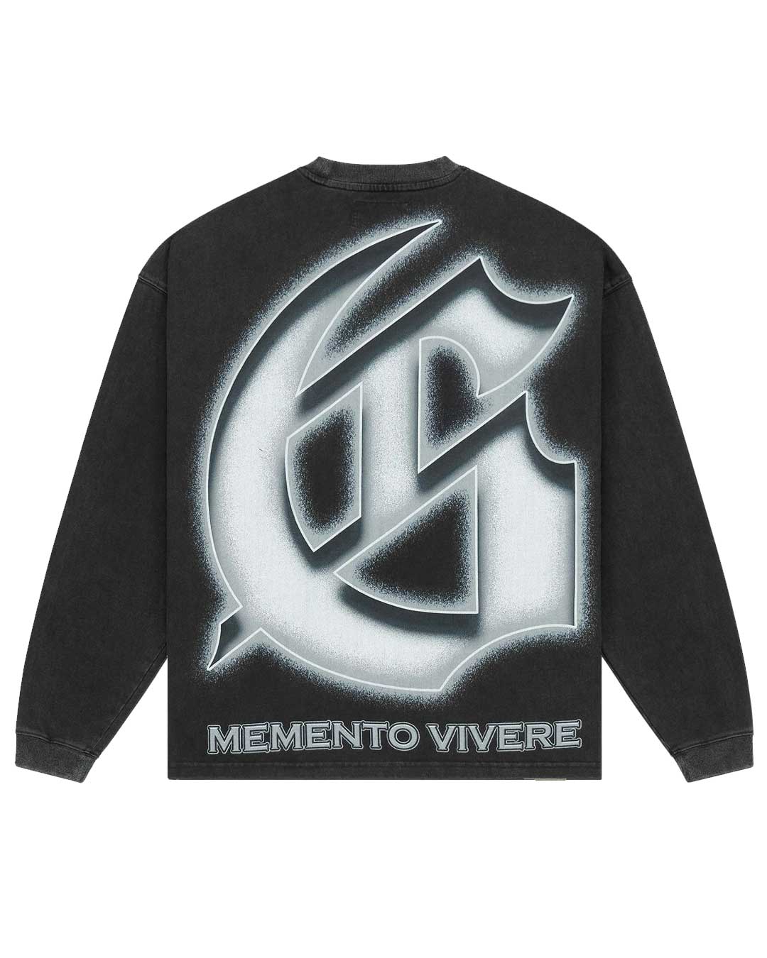 Godspeed Silencio L/S Tee black, back view with a large chrome Gothic G above Memento Vivere