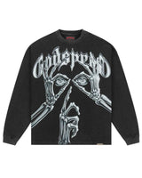 Godspeed Silencio L/S Tee black, long sleeve with chrome skeletal hands hushing a pair of eyes, front view