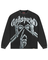 Godspeed Silencio L/S Tee black, long sleeve with chrome skeletal hands hushing a pair of eyes, front view