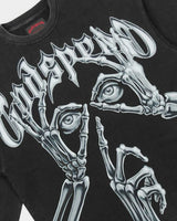 Godspeed Silencio L/S Tee black, close-up of the chrome skeletal hands and Gothic Godspeed lettering