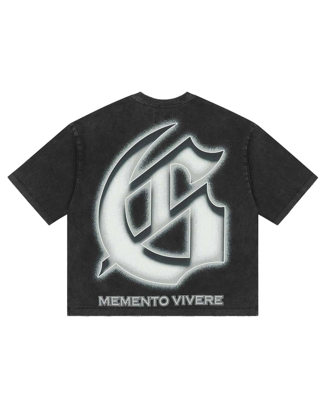 Godspeed Silencio Tee Black Wash, back view showing the glowing gothic G monogram above MEMENTO VIVERE
