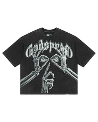 Godspeed Silencio Tee Black Wash, washed black cotton tee with skeletal hands framing a pair of eyes and a finger to hushed lips, front view