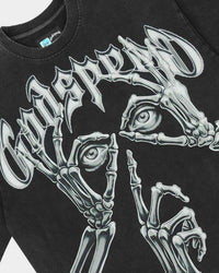 Godspeed Silencio Tee Black Wash, angled side view showing the boxy cut and raw hem