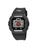 Godspeed Skele Chrono black, digital sport watch with red skeletal G dial graphic, front view
