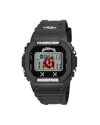 Godspeed Skele Chrono black, digital sport watch with red skeletal G dial graphic, front view