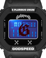 Godspeed Skele Chrono black, watch and hexagonal packaging tin with racing graphics