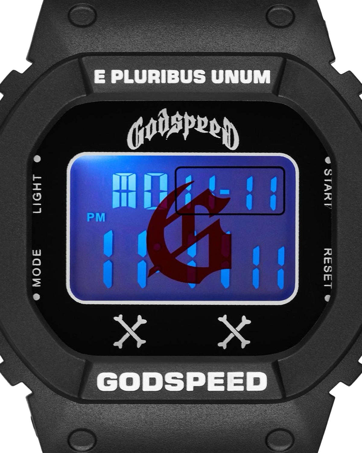 Godspeed Skele Chrono black, watch and hexagonal packaging tin with racing graphics