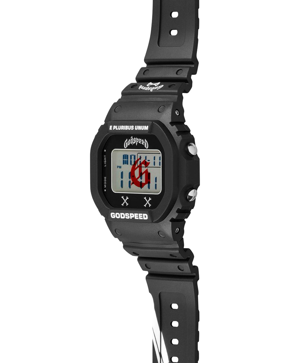Godspeed Skele Chrono black, case back detail with Godspeed G logo