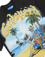 Godspeed Skeleton Beach II NG Tee black, close-up of the skeleton in a beach chair under golden Godspeed lettering