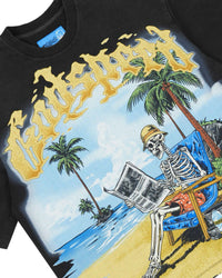 Godspeed Skeleton Beach II NG Tee black, close-up of the skeleton in a beach chair under golden Godspeed lettering