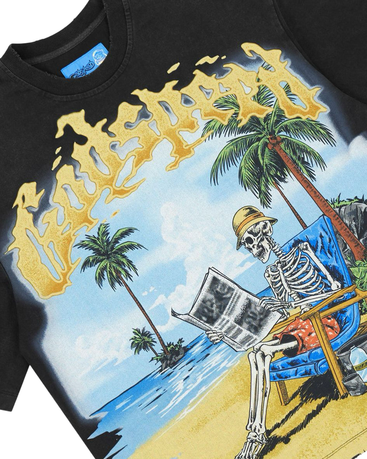Godspeed Skeleton Beach II NG Tee black, close-up of the skeleton in a beach chair under golden Godspeed lettering