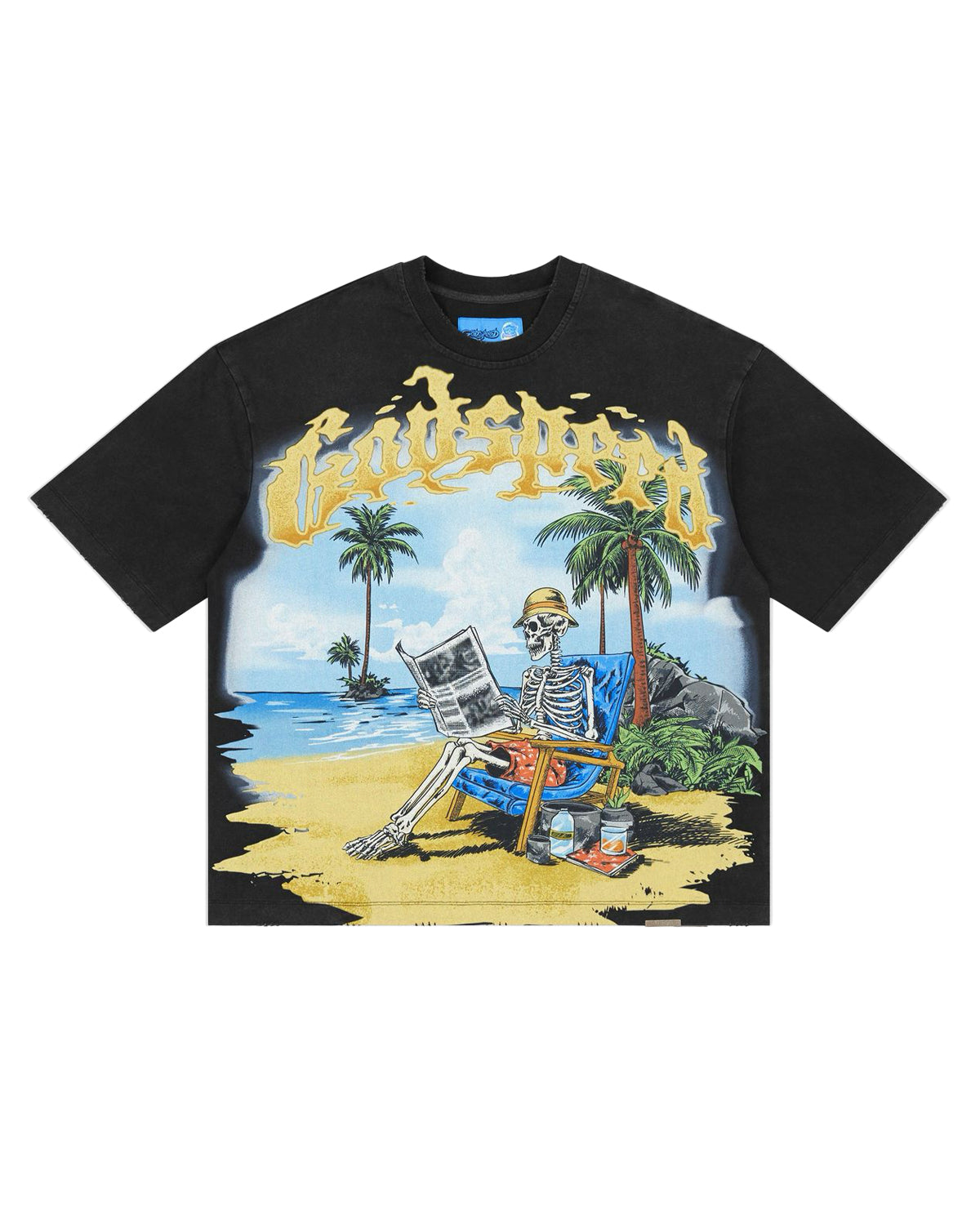Godspeed Skeleton Beach II NG Tee black, T-shirt with beach skeleton graphic, front view