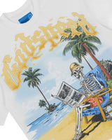 Godspeed Skeleton Beach II NG Tee white, close-up of the skeleton in a beach chair under golden Godspeed lettering