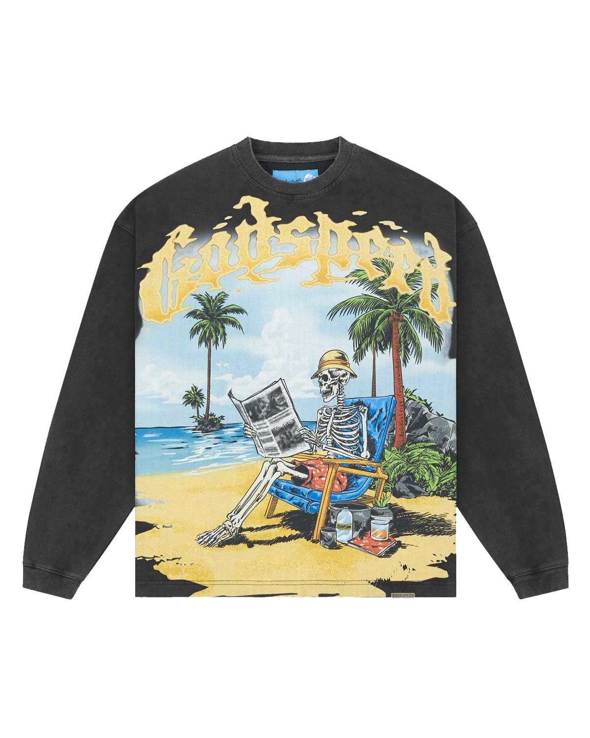 Godspeed Skeleton Beach NG II L/S Tee black, long-sleeve tee with skeleton beach scene graphic, front view