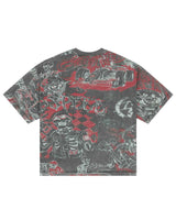 Godspeed Sketch Archive Tee Grey Wash, back view showing the all-over sketch print with checkered flags and skeleton riders