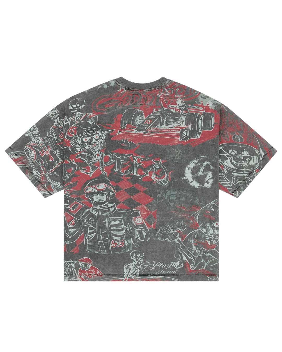 Godspeed Sketch Archive Tee Grey Wash, back view showing the all-over sketch print with checkered flags and skeleton riders