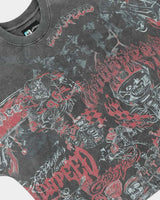 Godspeed Sketch Archive Tee Grey Wash, angled side view showing the boxy cut and all-over print wrapping the sleeve