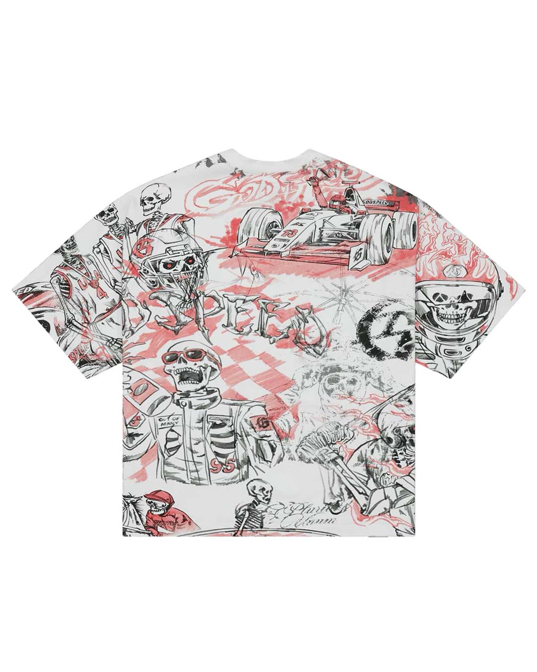 Godspeed Sketch Archive Tee White, back view showing the all-over sketch print with checkered flags and skeleton riders