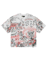Godspeed Sketch Archive Tee White, white cotton tee with an all-over red and black sketch print of skeleton racers and race cars, front view