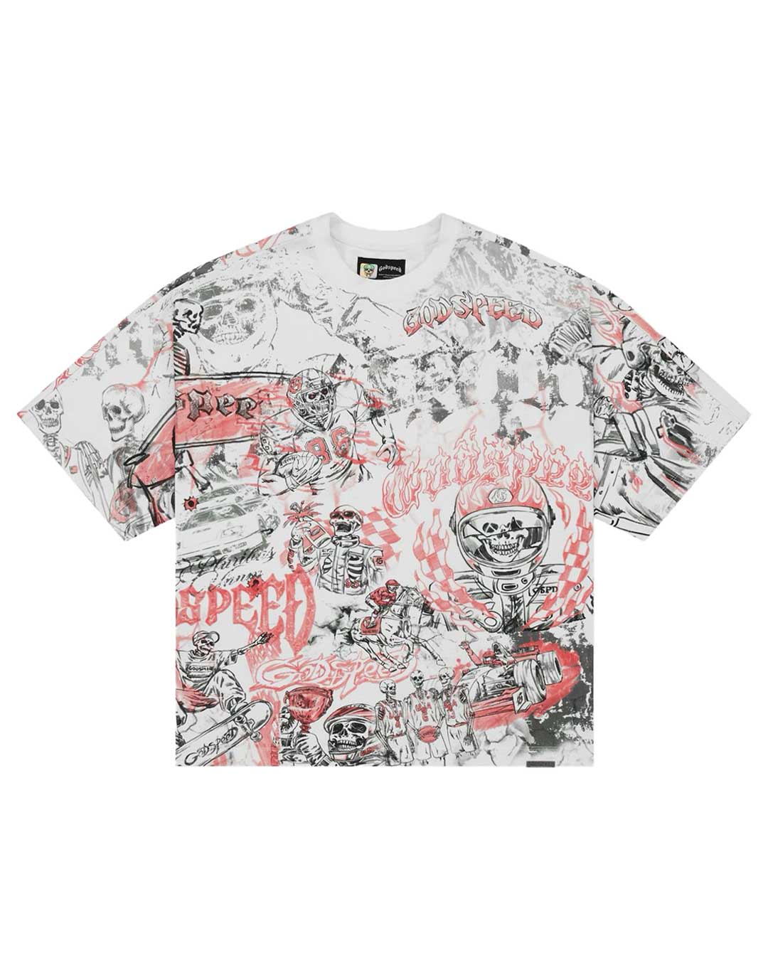 Godspeed Sketch Archive Tee White, white cotton tee with an all-over red and black sketch print of skeleton racers and race cars, front view