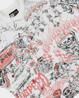 Godspeed Sketch Archive Tee White, angled side view showing the boxy cut and all-over print wrapping the sleeve