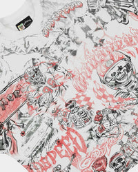 Godspeed Sketch Archive Tee White, angled side view showing the boxy cut and all-over print wrapping the sleeve
