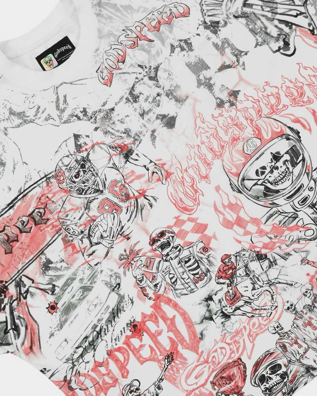 Godspeed Sketch Archive Tee White, angled side view showing the boxy cut and all-over print wrapping the sleeve
