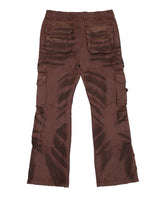 Godspeed Skidrow Flared Cargo Denim Pants clay brown, back view showing the flap back pockets and cargo pockets down both legs