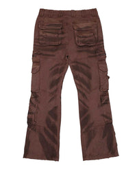 Godspeed Skidrow Flared Cargo Denim Pants clay brown, back view showing the flap back pockets and cargo pockets down both legs