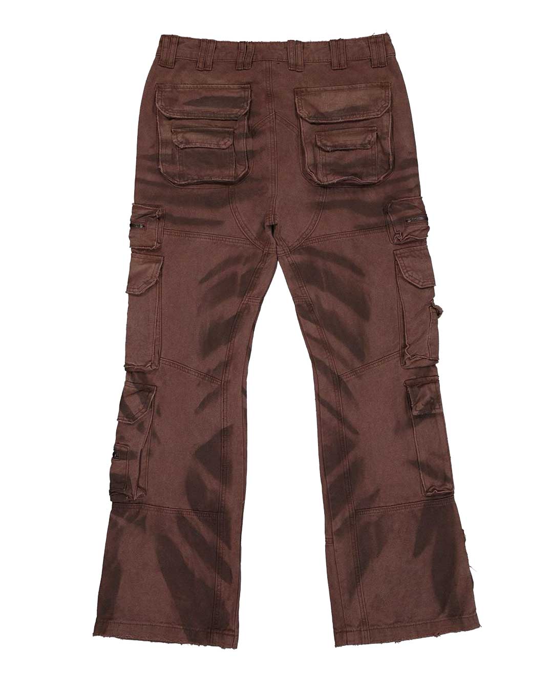 Godspeed Skidrow Flared Cargo Denim Pants clay brown, back view showing the flap back pockets and cargo pockets down both legs