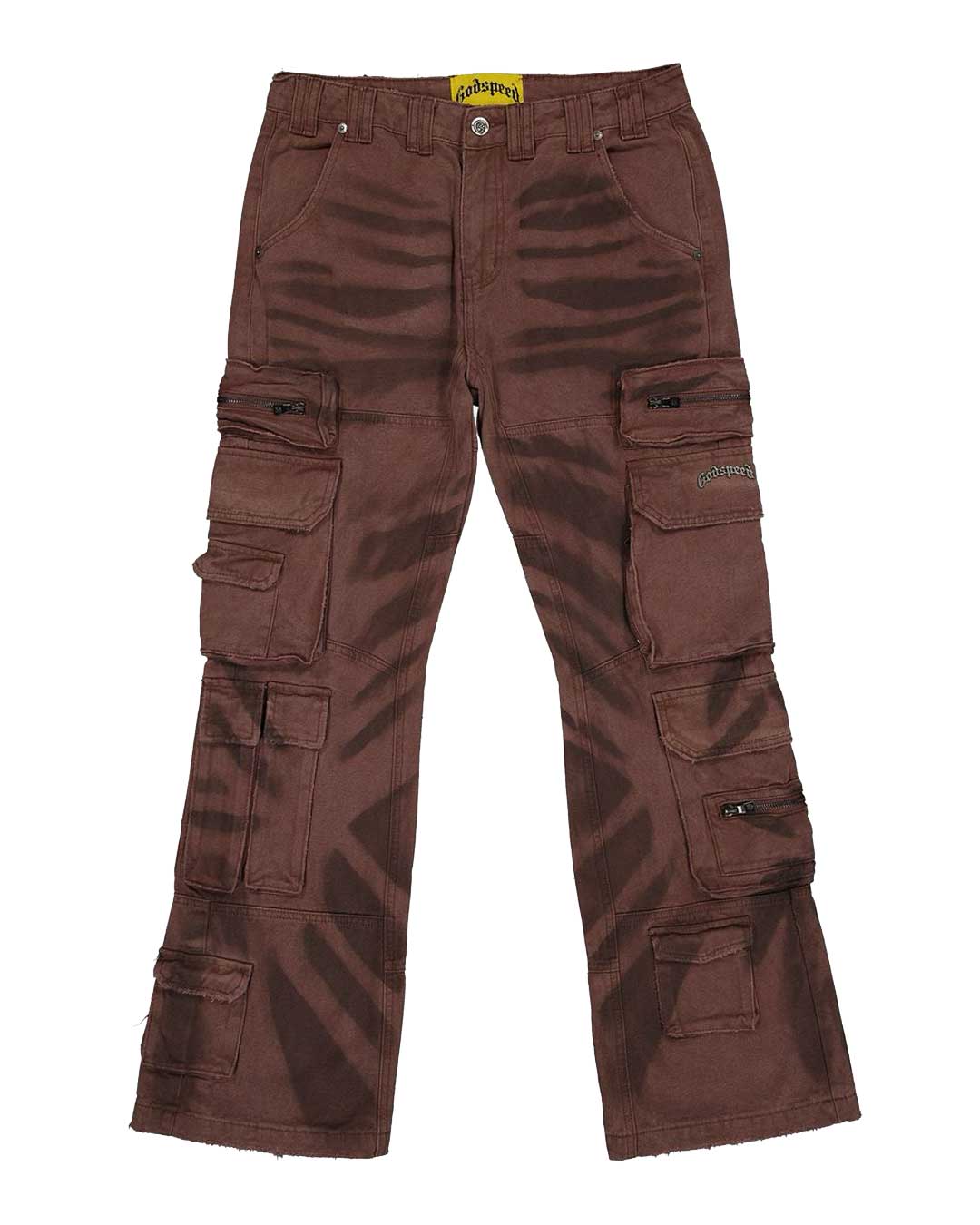 Godspeed Skidrow Flared Cargo Denim Pants clay brown, whiskered flared cargo denim with stacked leg pockets, front view