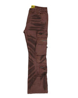 Godspeed Skidrow Flared Cargo Denim Pants clay brown, side view showing the stacked cargo pockets and flared leg