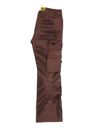 Godspeed Skidrow Flared Cargo Denim Pants clay brown, side view showing the stacked cargo pockets and flared leg