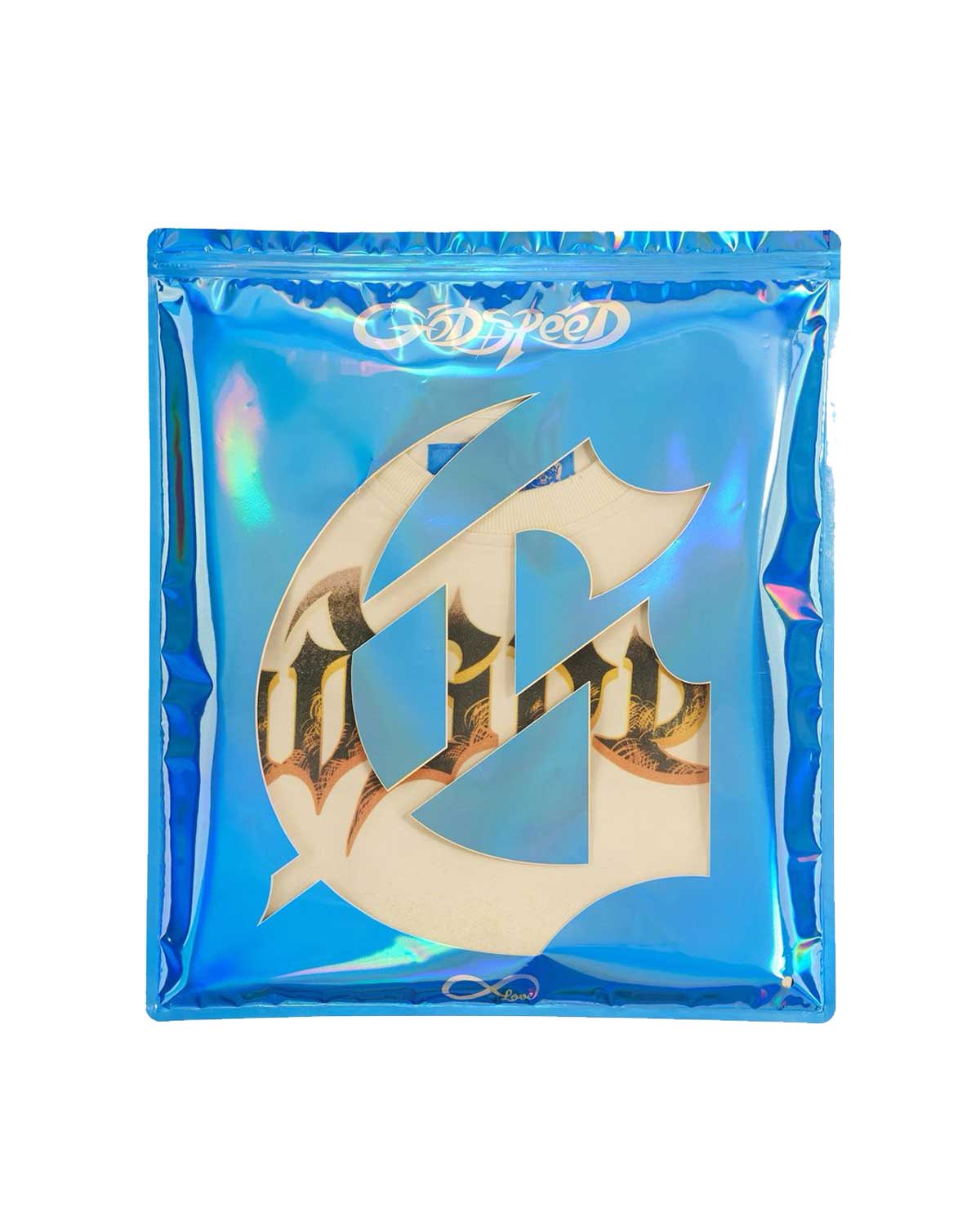 Godspeed Slugger NG L/S Tee bone, packaged in the Godspeed holographic blue bag