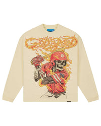 Godspeed Slugger NG L/S Tee bone, long-sleeve tee with flaming skeleton baseball slugger graphic, front view