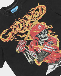 Godspeed Slugger NG Tee black, angled close-up of the flaming skeleton batter and flame-script Godspeed lettering