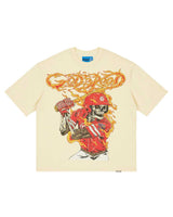Godspeed Slugger NG Tee bone, cotton tee with a flaming skeleton baseball batter in red, front view