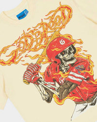 Godspeed Slugger NG Tee bone, angled close-up of the flaming skeleton batter and flame-script Godspeed lettering