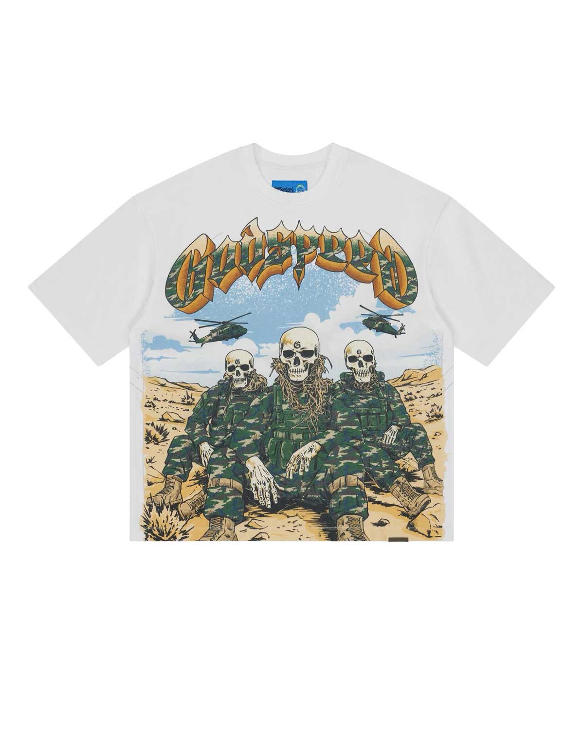 Godspeed Squadron NG II Tee white, cotton tee with a camo skeleton squad and helicopter graphic, front view