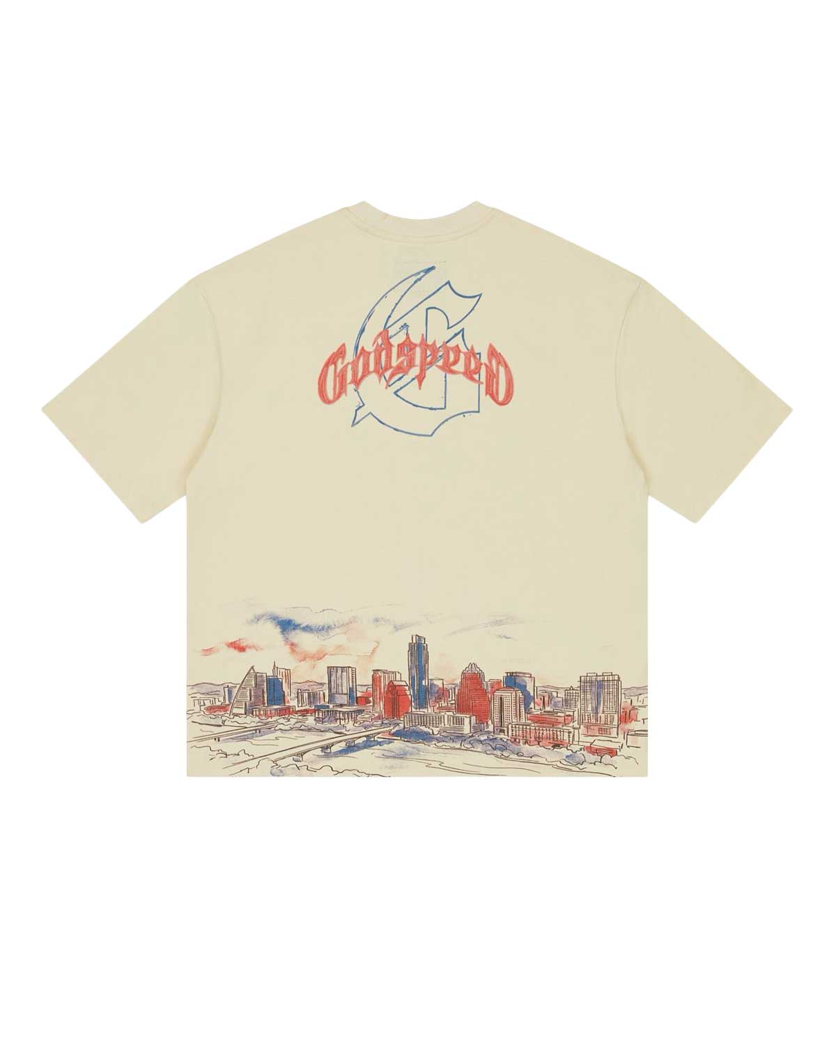 Godspeed Texas Skyline Tee bone, back view with Godspeed script and Texas skyline graphic