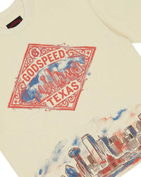 Godspeed Texas Skyline Tee bone, close-up of the Texas skyline print detail