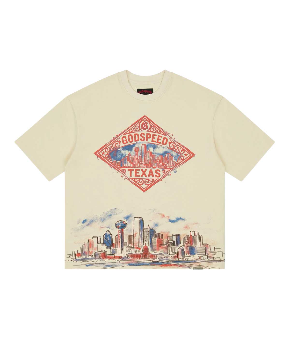 Godspeed Texas Skyline Tee bone, heavyweight tee with red diamond crest and Texas skyline, front view