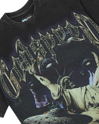 Godspeed The Landing Tee in black, close-up fabric and stitching detail