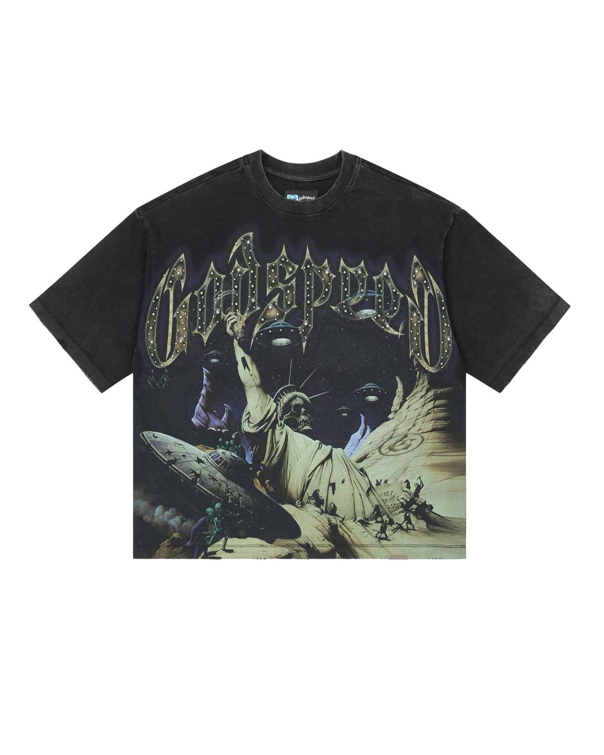 Godspeed The Landing Tee in black, boxy fit, front view