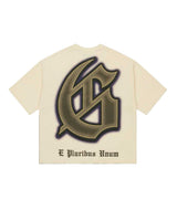Godspeed The Landing Tee in bone, back view, gothic G monogram with E Pluribus Unum text