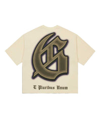 Godspeed The Landing Tee in bone, back view, gothic G monogram with E Pluribus Unum text