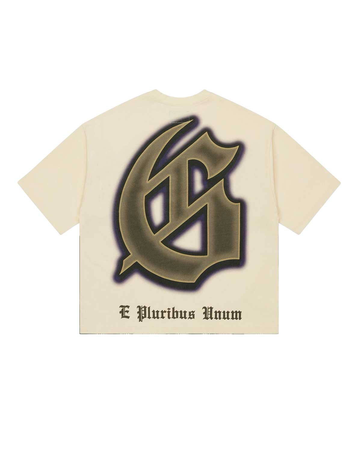 Godspeed The Landing Tee in bone, back view, gothic G monogram with E Pluribus Unum text