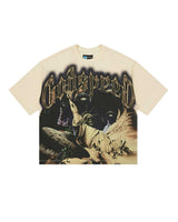 Godspeed The Landing Tee in bone, front view, gothic Godspeed wordmark over a skeletal Statue of Liberty and UFO invasion graphic