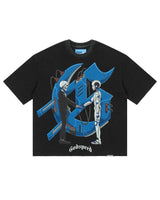 Godspeed The Pact NG Tee black, cotton tee with a blue graphic of a skeleton shaking hands inside a Gothic G, front view