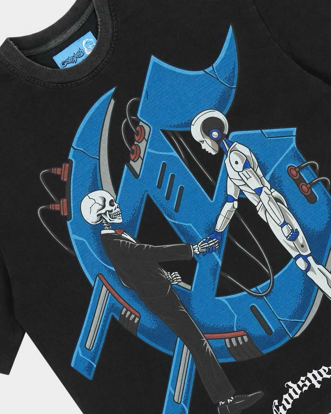 Godspeed The Pact NG Tee black, angled close-up of the blue skeleton handshake graphic and Godspeed script